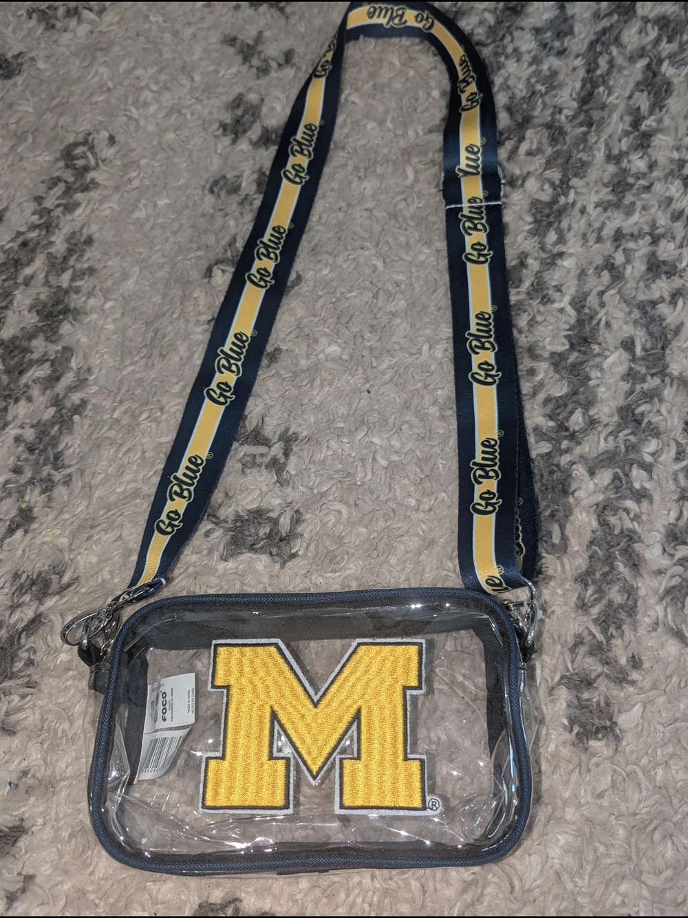 Clear Crossbody Messenger Bag with Yellow 'M' Patch and Navy Trim